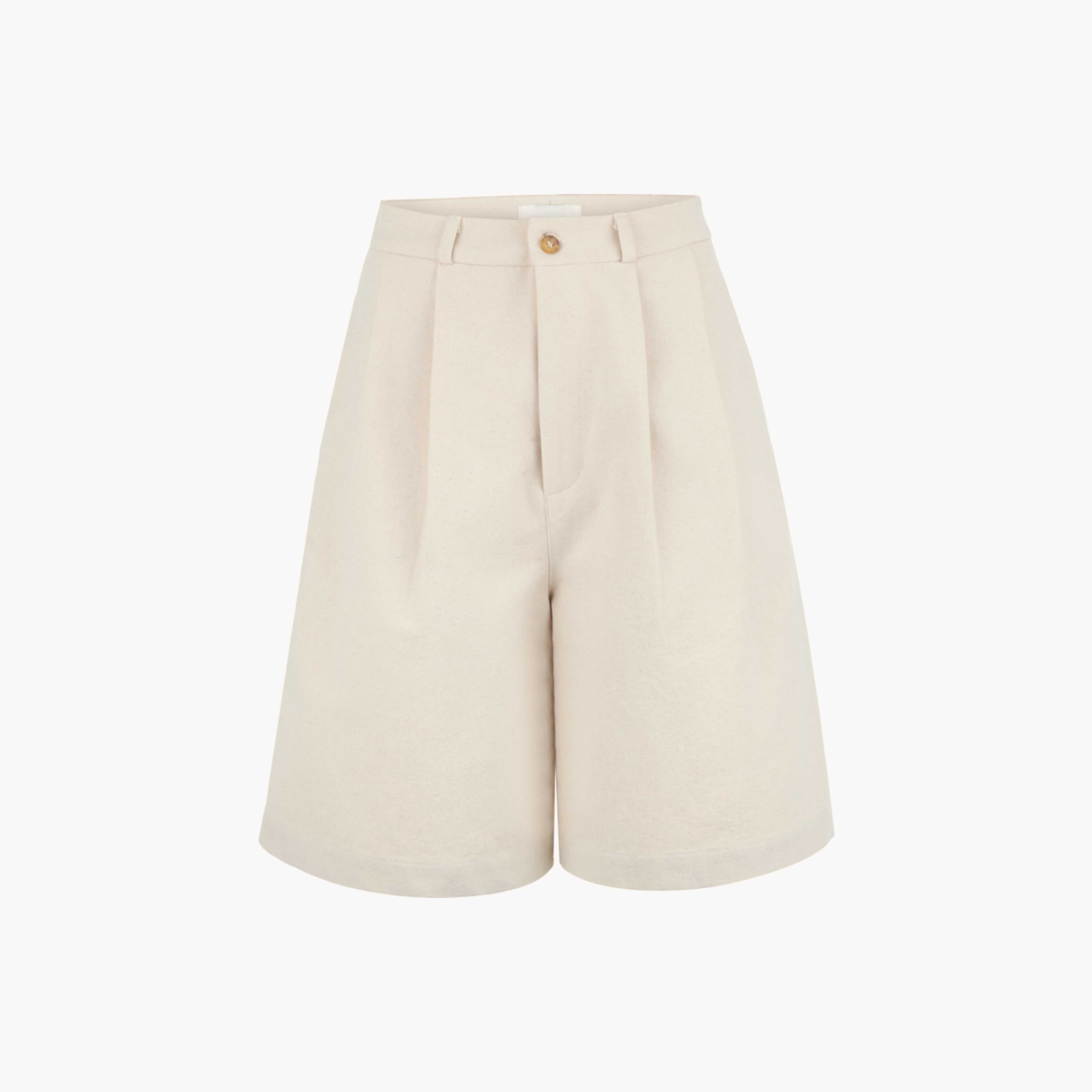 Double Pleated Long Shorts Natural Washed Canvas
