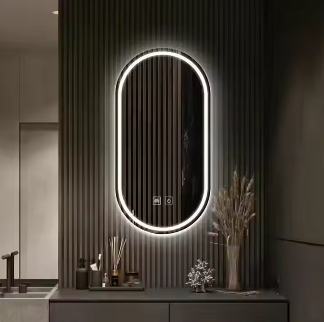 กระจกบานเปลือย ทรงแคปซูล มี LED พ่นทรายห่างขอบ  (ตัวกระจกมี2 ปุ่ม 1.ไล่ฝ้า 2.ปิดเปิดไฟ)