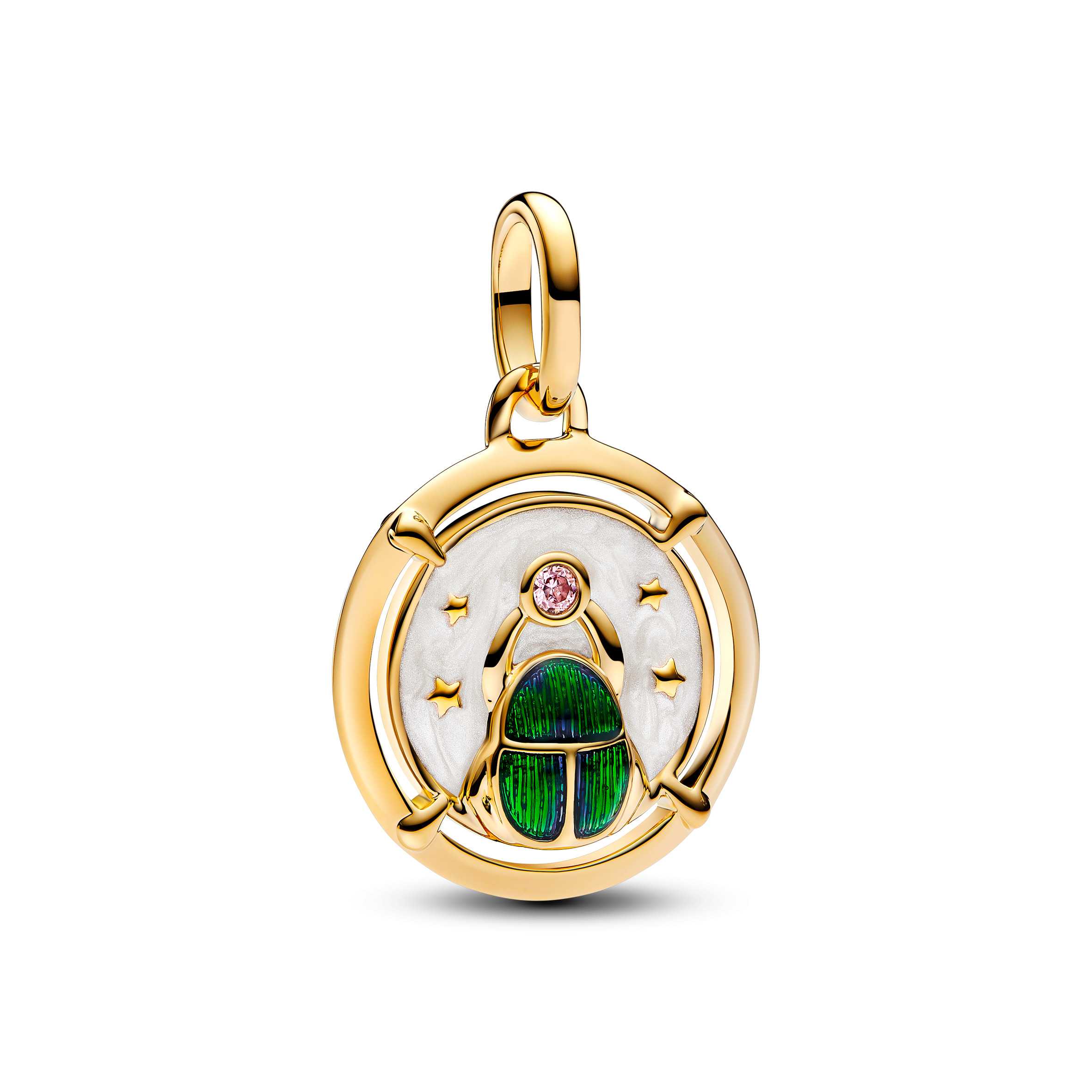 Scarab 14k gold-plated medallion with pink cubic zirconia, shimmering white
