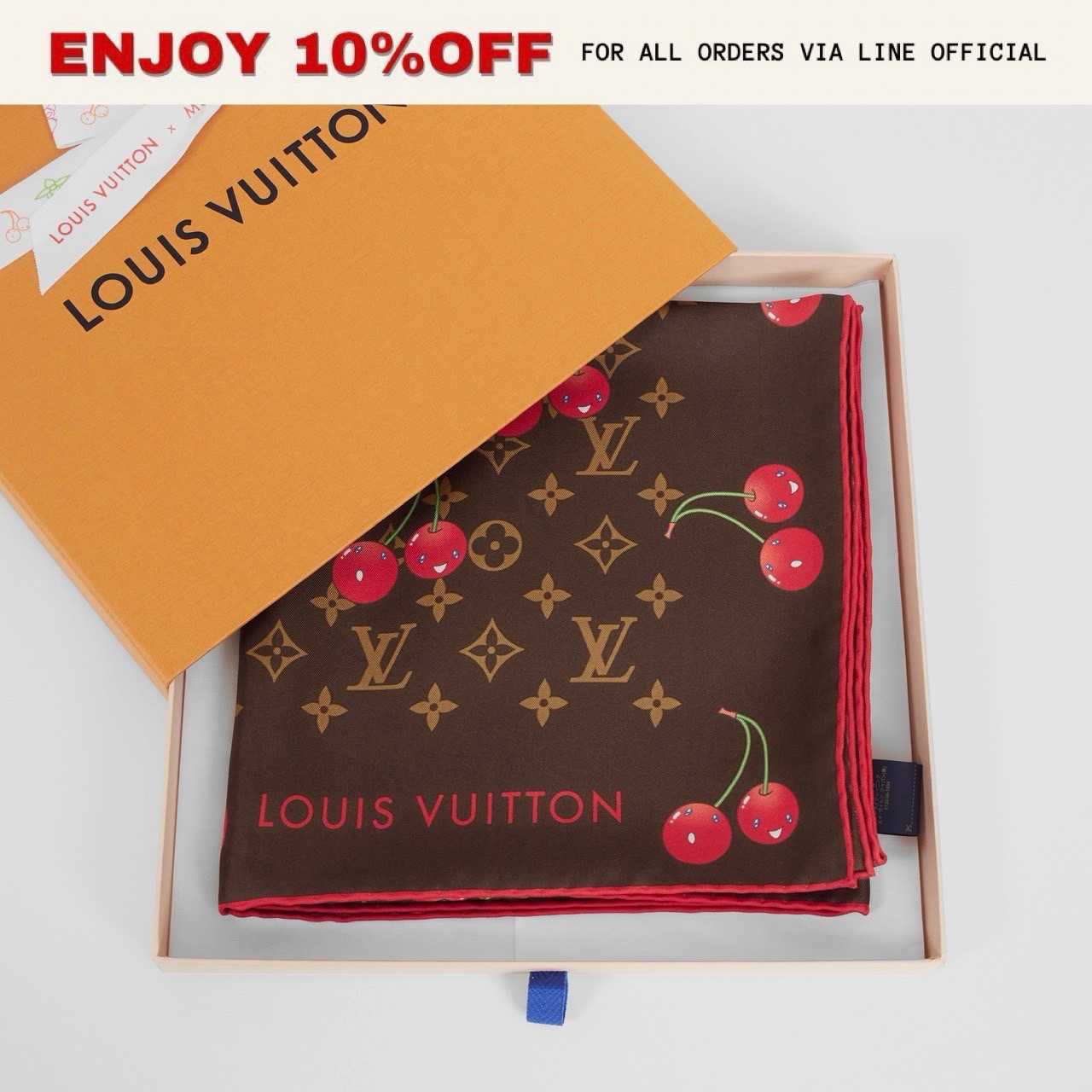 (C) NEW! LOUIS VUITTON LV x TM Monogram Cerise Square 90 สี Brown Cherry Motif | ACC