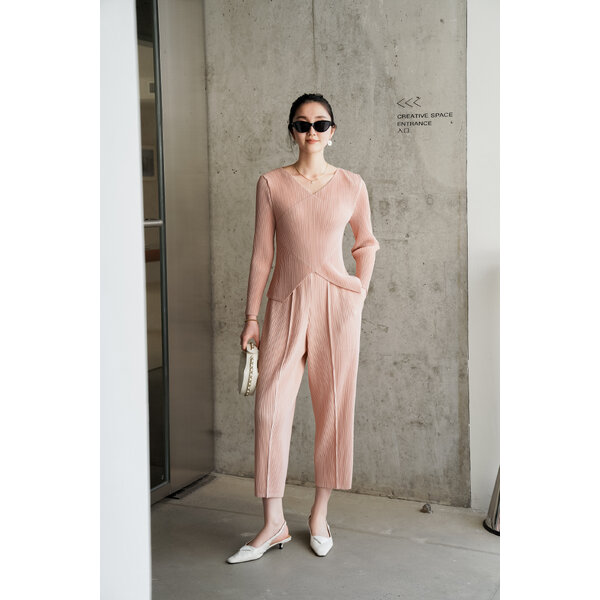 2MUAY รุ่น GJO5254 / GJO7337 เซ็ตพลีทคุณภาพ THICK V NECK WRAP TOP WITH PANT PLEATED SET 8 สี FREE...