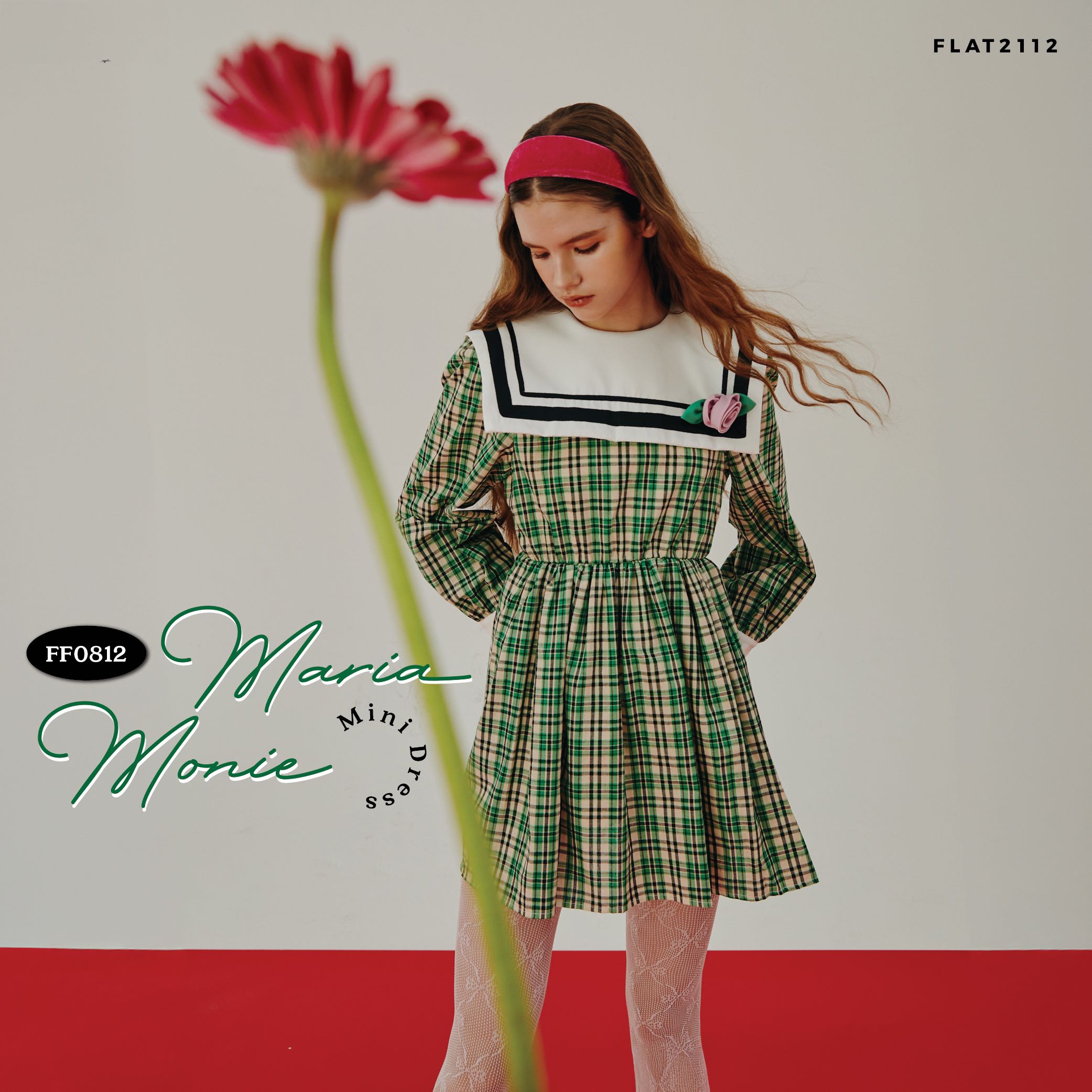 FLAT2112 FF0812 : MARIA MONIE MINI DRESS มินิเดรสลายสก็อตแขนยาว ปกกะลาสีแต่งเข็มกลัดดอกไม้