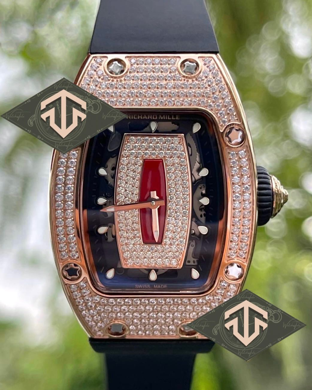 Richard Mille RM07-01 Ladies Full Diamond Rosegold Black Rubber Swiss Movement 