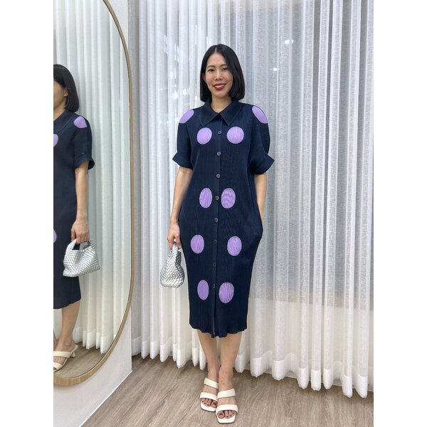 2MUAY รุ่น GM9581 เดรสอัดพลีท POLKA DOT BUTTON FRONT PLEATED DRESS 7 สี FREE SIZE