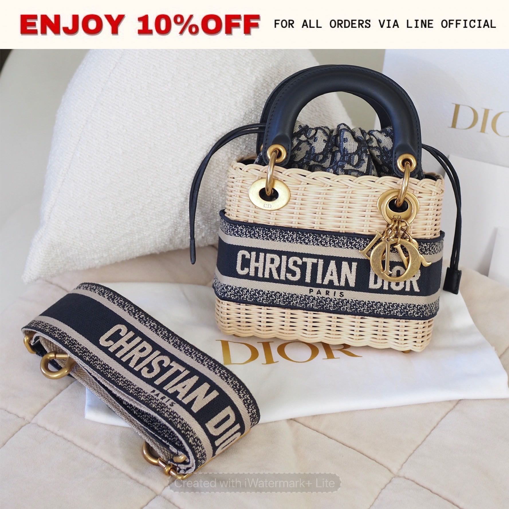 📍LIKE NEW📍DIOR Mini Lady Dior สี Natural Wicker and Blue Oblique Jacquard GHW | Bag