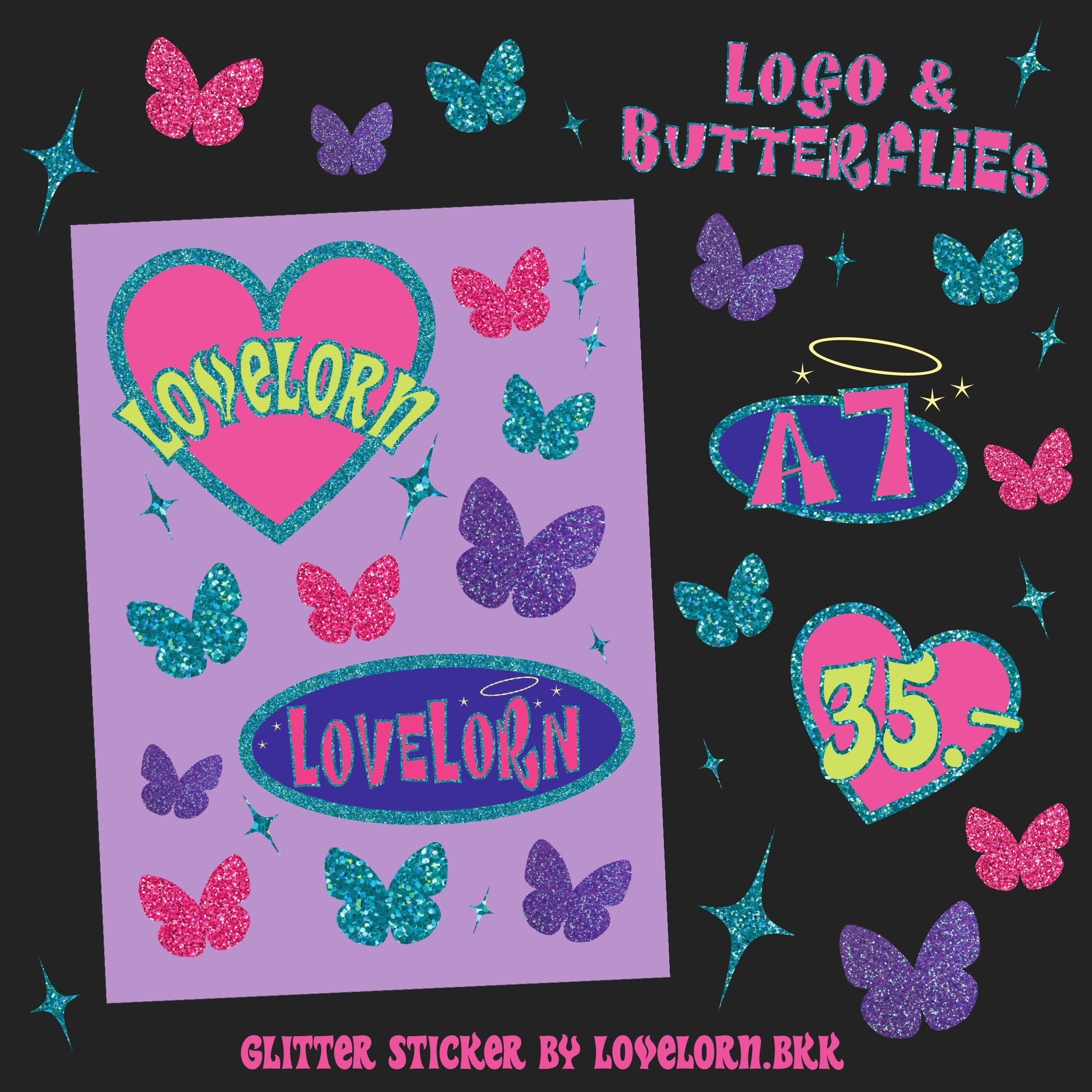 Logo & butterflies glitter sticker