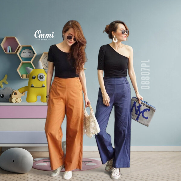 Ommishop 08807PL กางเกงแฟชั่น เนื้อผ้าลินิน ทรงขายาว เอวสูง แต่งกระดุมปั้มด้านข้าง (PUP)[08807]