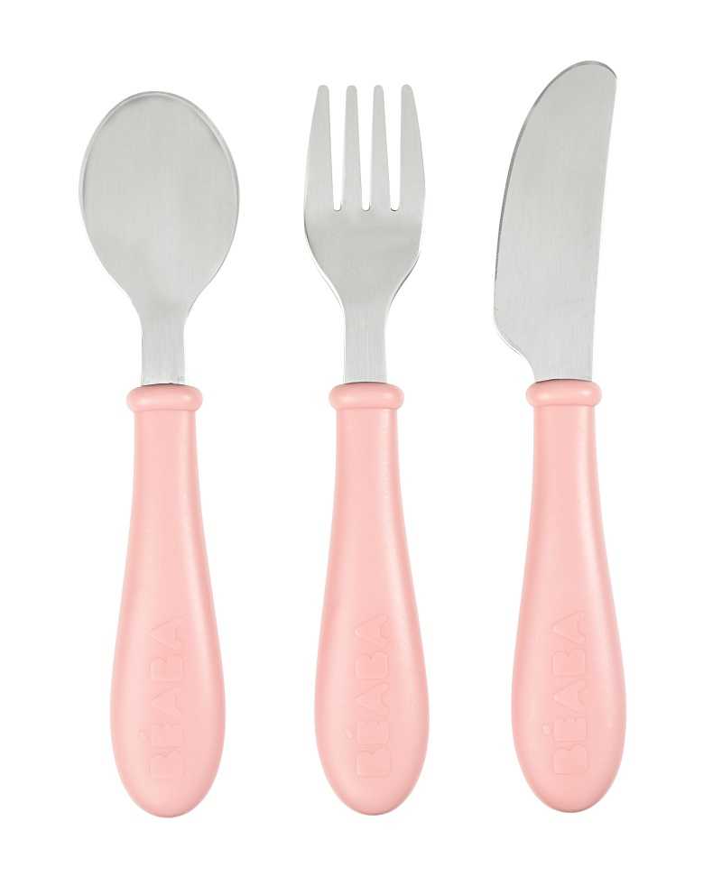 BEABA ช้อนส้อมมีด Stainless steel training cutlery Knife / Fork / Spoon - LIGHT PINK