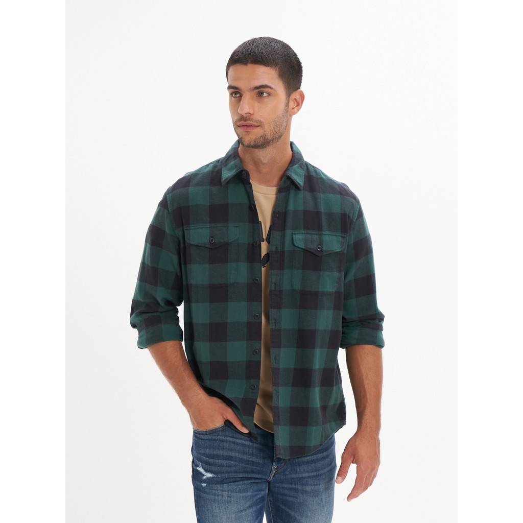 American Eagle เสื้อเชิ้ตผู้ชาย INTL CHAD BUFFALO PLAID LIGHTWEIGHT FLANNEL สี GREEN - 015-2316-300