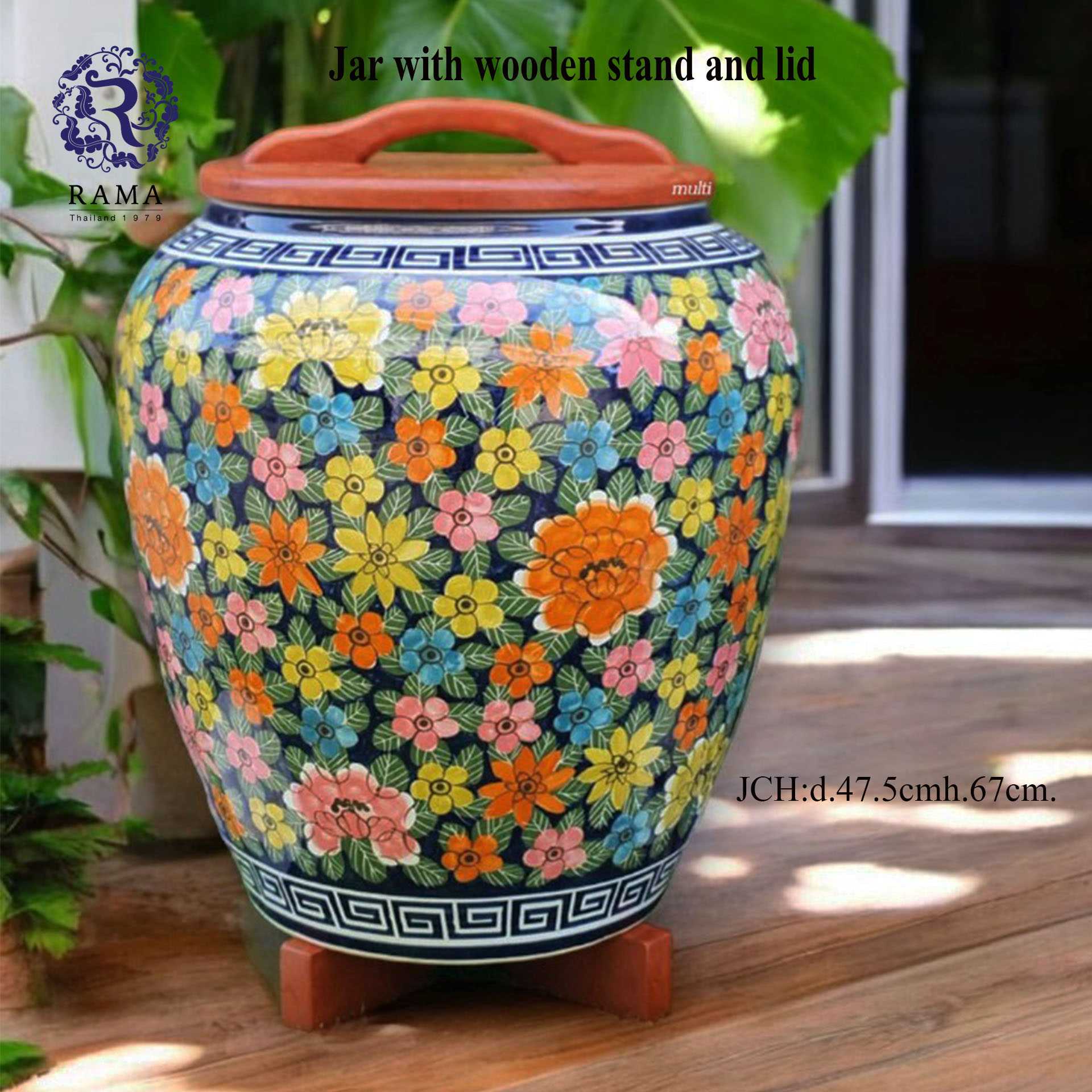 Pre Order  30 วัน  โอ่ง JCH พร้อมขาไม้และฝาไม้สัก ลายดอกโบตั๋น (multi-colored peonies 1)