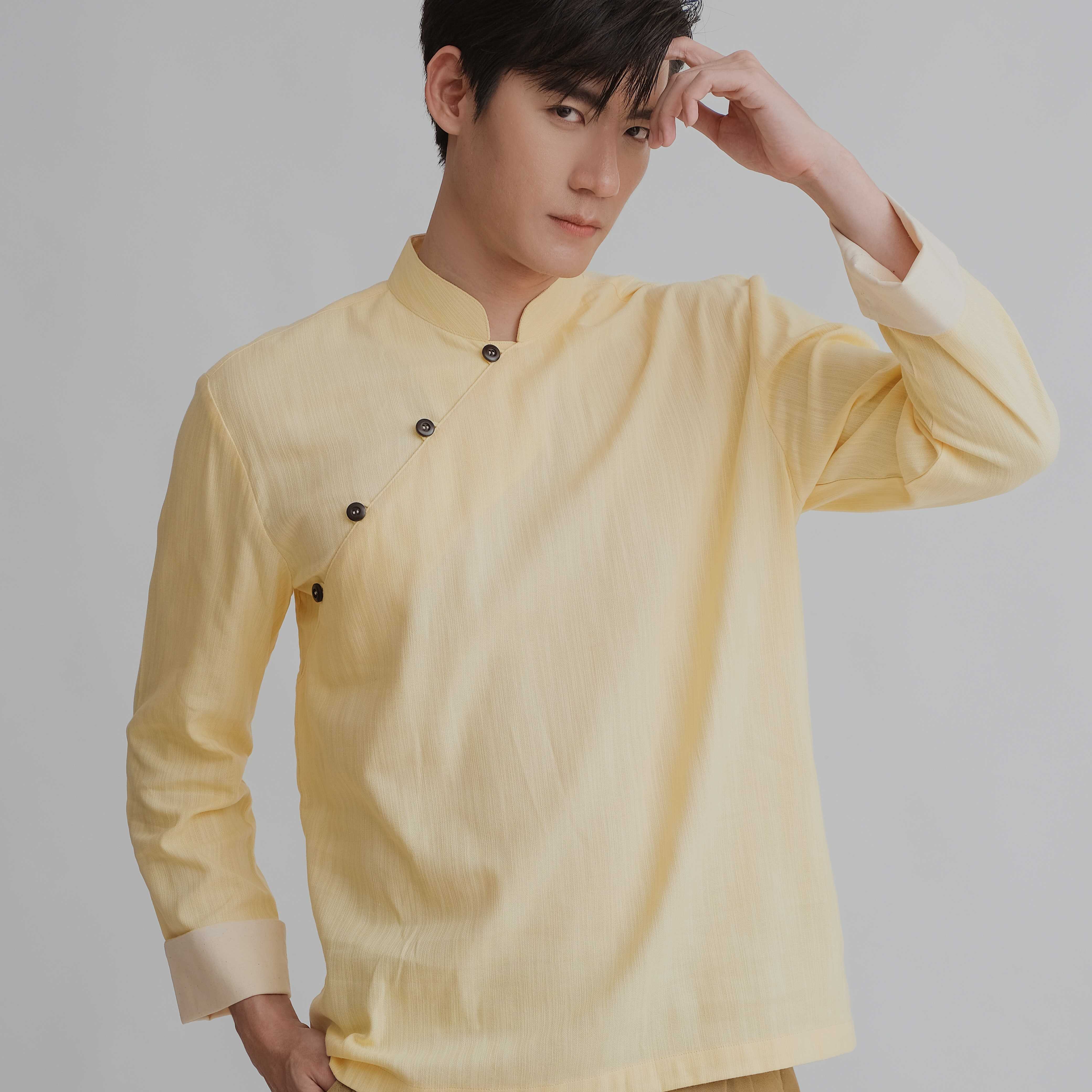 HANFU - Yellow Cotton with Fold Sleeve Cream Hand Woven cotton