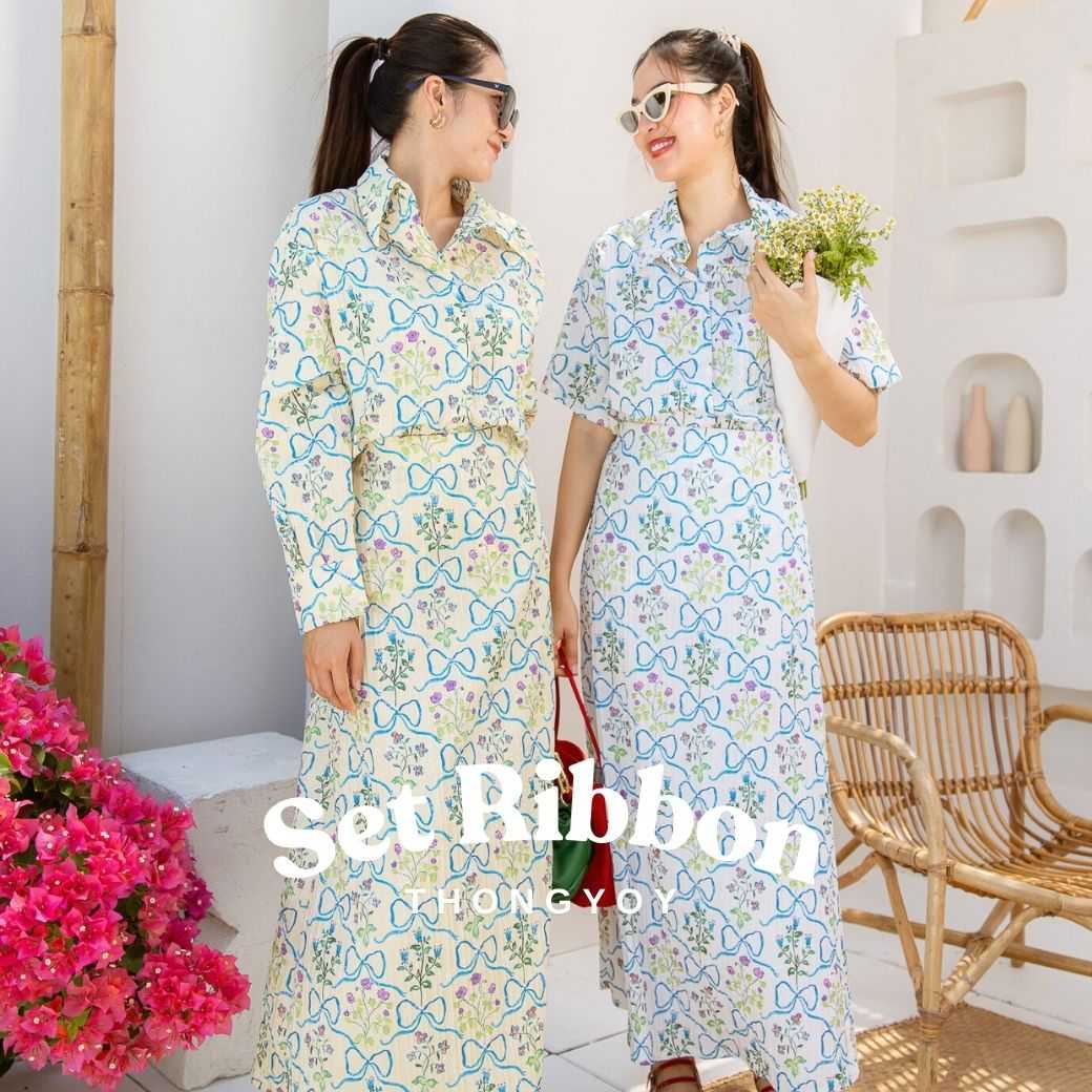 Set Ribbon เสื้อเชิ้ต&กระโปรงยาว ( ขายทั้งเซตเเละขายเเยกชิ้น )