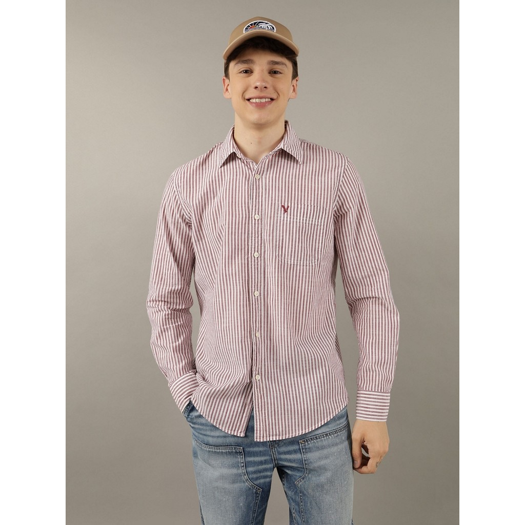 American Eagle เสื้อเชิ้ตผู้ชาย 2339 SF CSC ENZO STRIPE MADRAS SHIRT สี FADED RED - 015-2339-620