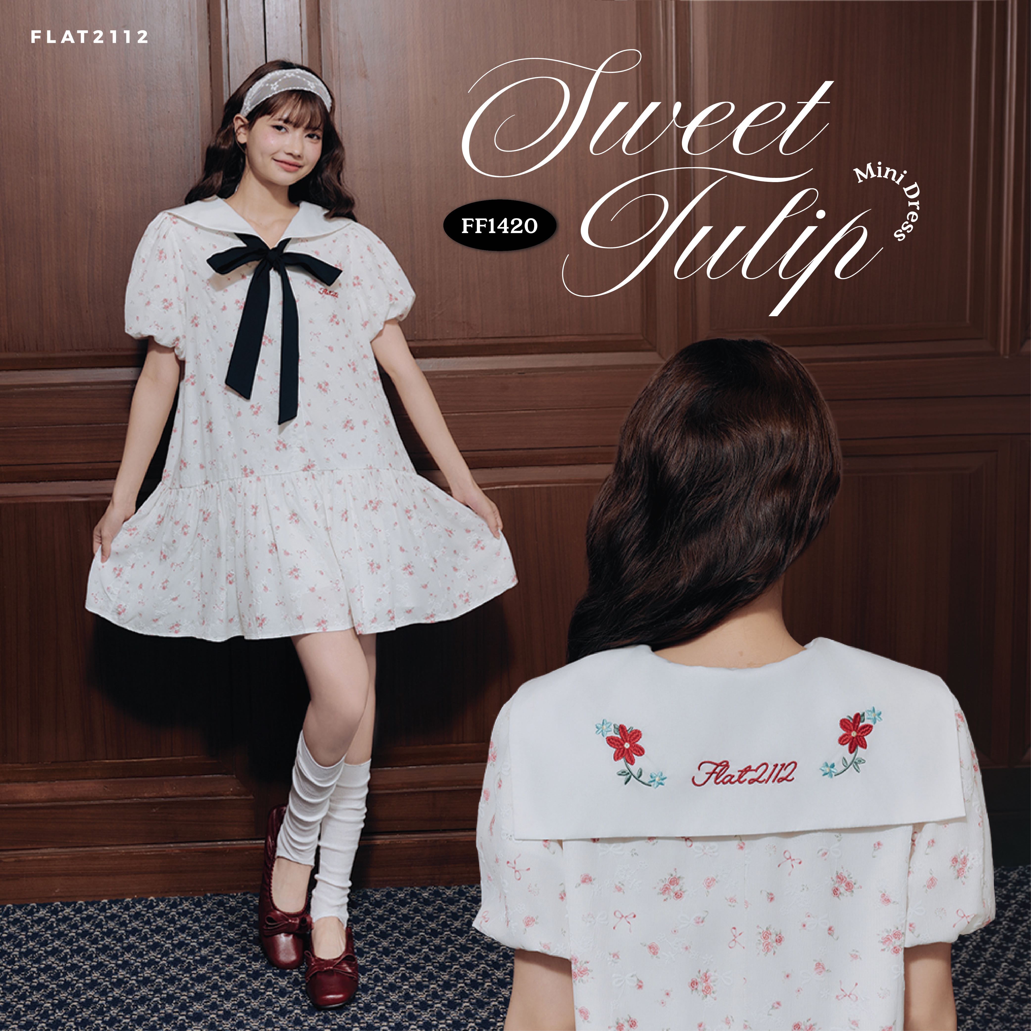 FLAT2112 : SWEET TULIP MINI DRESS เดรสสั้นสีขาวลายดอกโบว์ดำผู้หญิง เดรสสั้นสไตล์เกาหลี (FF1420)