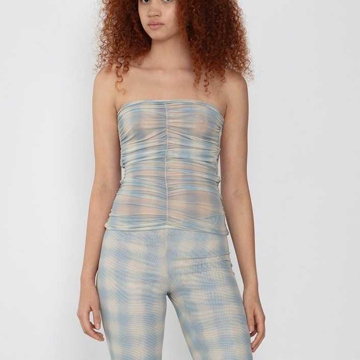 SALE Jade Cropper Ruched bandeau top - Tinted check Blue/Beige