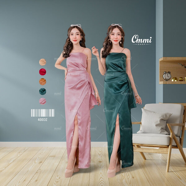 Ommishop ชุดราตรี 4003Z สายเดี่ยวเกาะอก กระโปรงป้าย ผ้าซาร่า เดรสออกงาน ชุดงานแต่ง เพื่อนเจ้าสาว