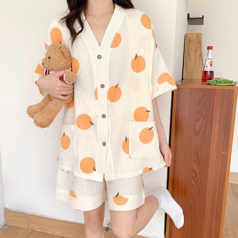 เปิดให้นมได้ - ชุดนอนแขนสั้นขาสั้นผ้าฝ้ายมัสลินใยไผ่ลายละมุนสุดน่ารัก (orange)