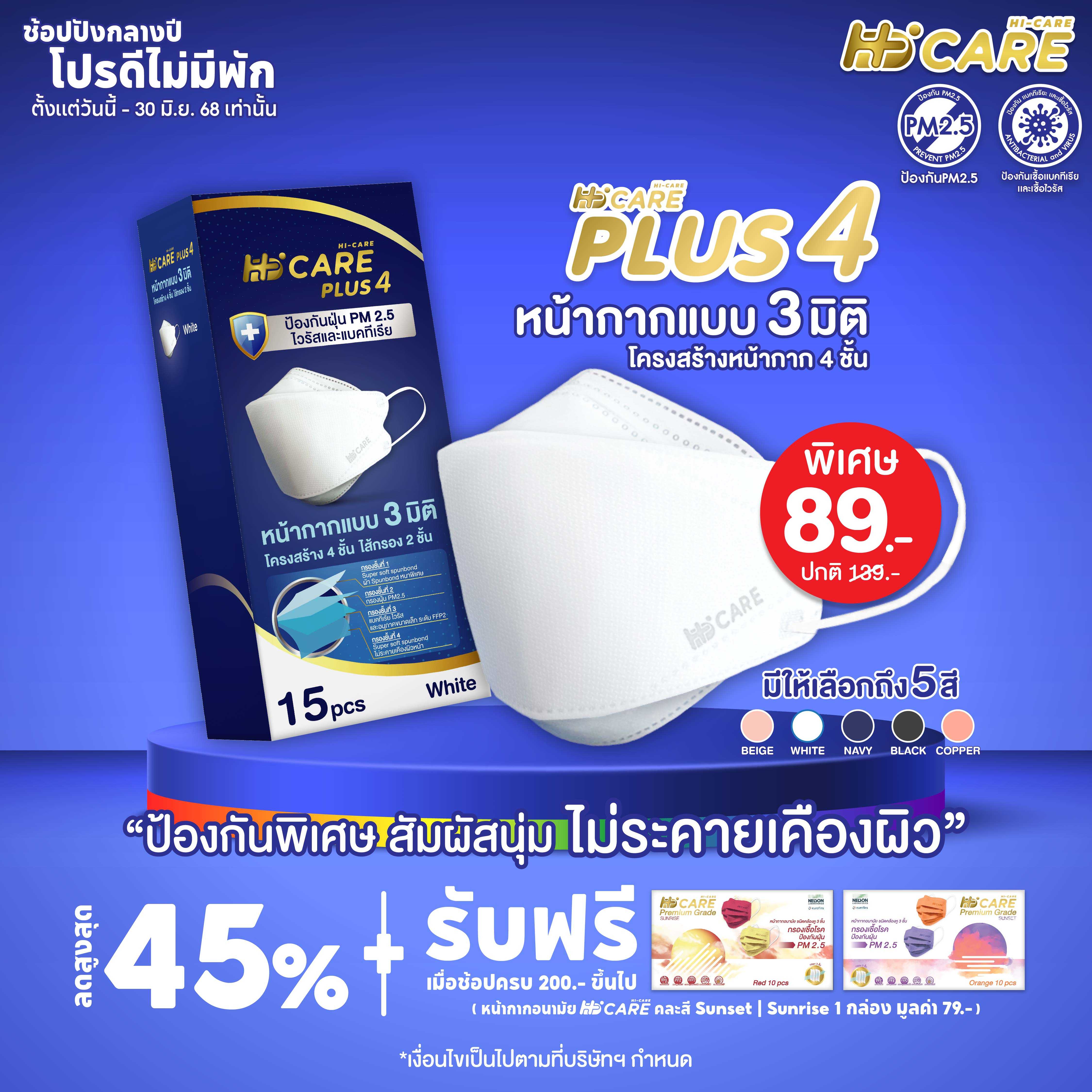 Hi-Care PLUS4 (สีขาว 15 ชิ้น)หน้ากาก 3 มิติ หน้ากากอนามัยหนาพิเศษ แผ่นกรอง 4 ชั้น ชนิดคล้องหู