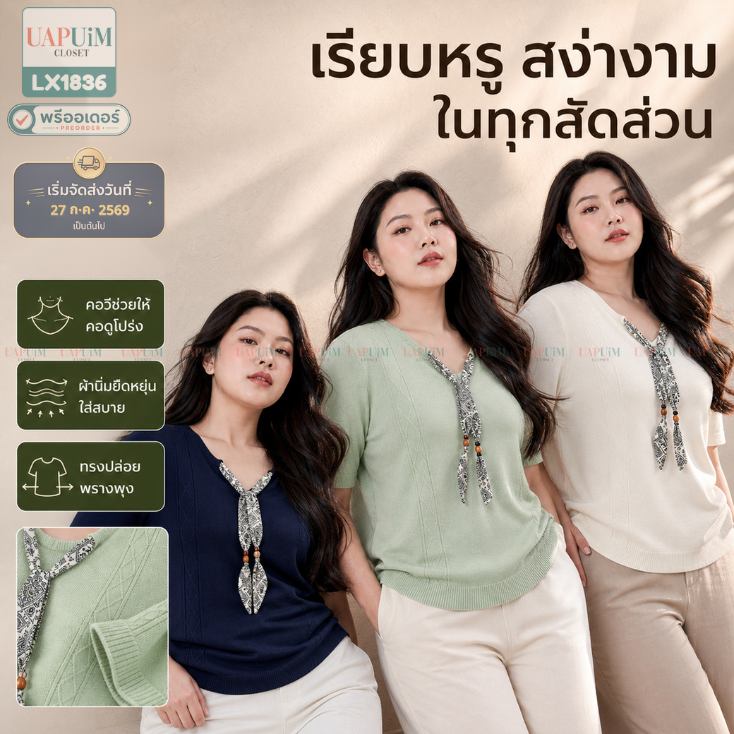พรีออเดอร์ : LX1836 เสื้อถักแขนสั้นคอวีดีไซน์เรียบหรูดูดี มาพร้อมดีเทลผ้าพันคอเก๋ๆ