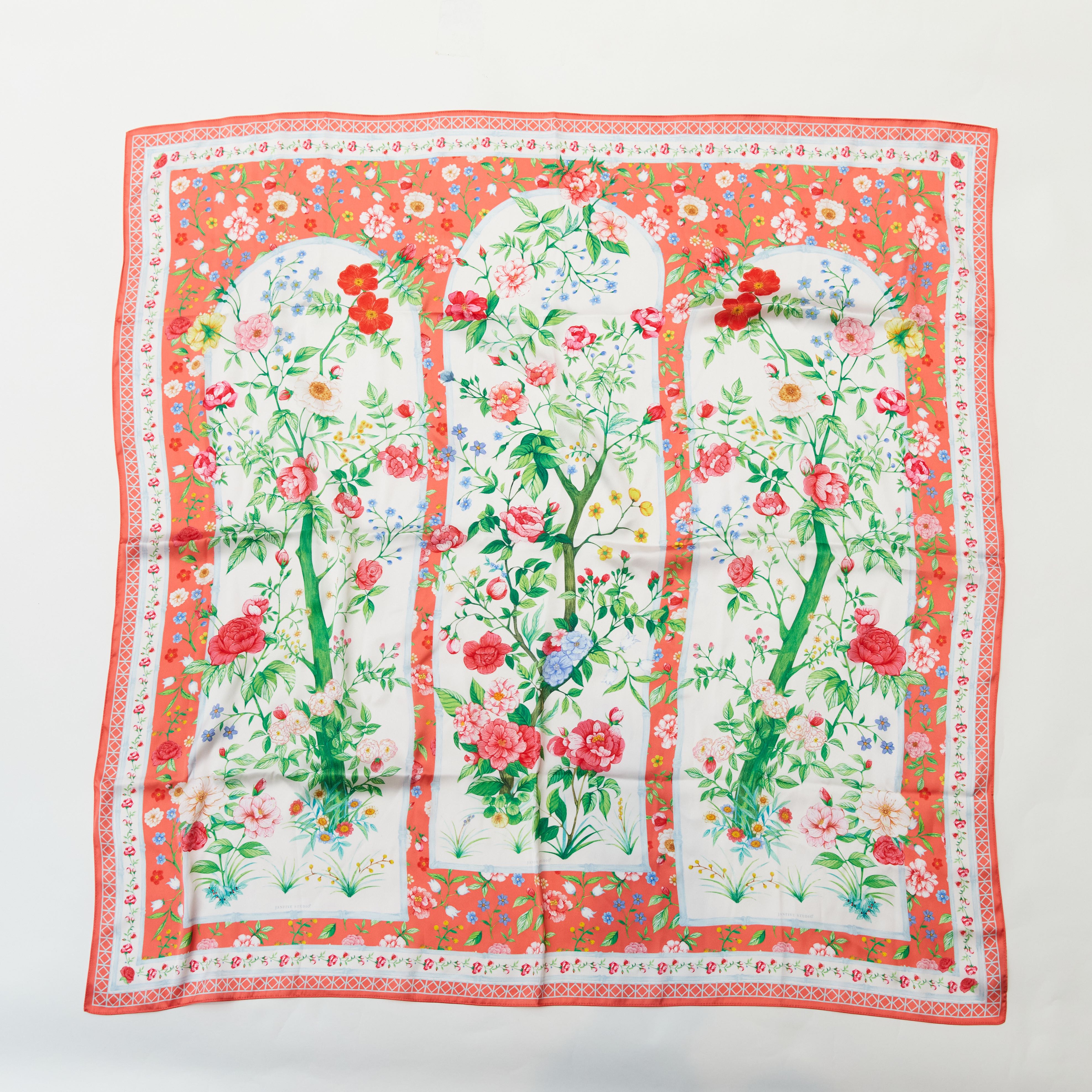 Satin square scarf 90x90 cm. Rose of June - Coral
