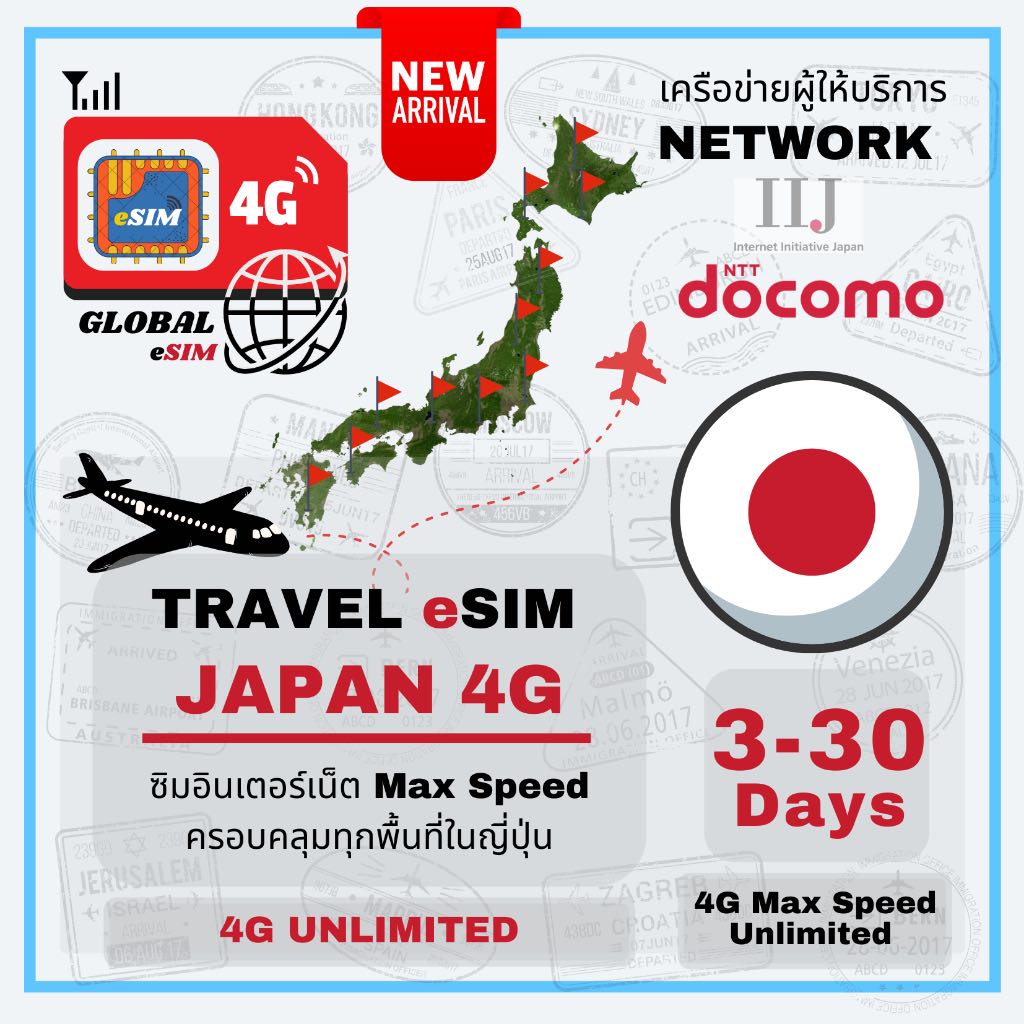 Japan eSIM ซิมญี่ปุ่น IIJ & Docomo 5Days 4G Max speed Unlimited