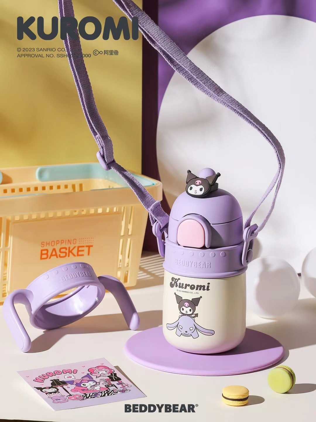 BeddyBearXKuromi กระติกน้ำสูญญากาศแสตนเลส ฝาหลอดดูด พร้อมข้อต่อหูจับ&สายสะพาย BB003MLS-008KR 400 ml.