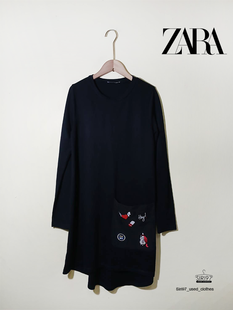 เดรสกระโปรงคอกลมแขนยาว ZARAสีดำ  ดีไซน์ กระเป๋าหน้า+งานปัก   สภาพ85%