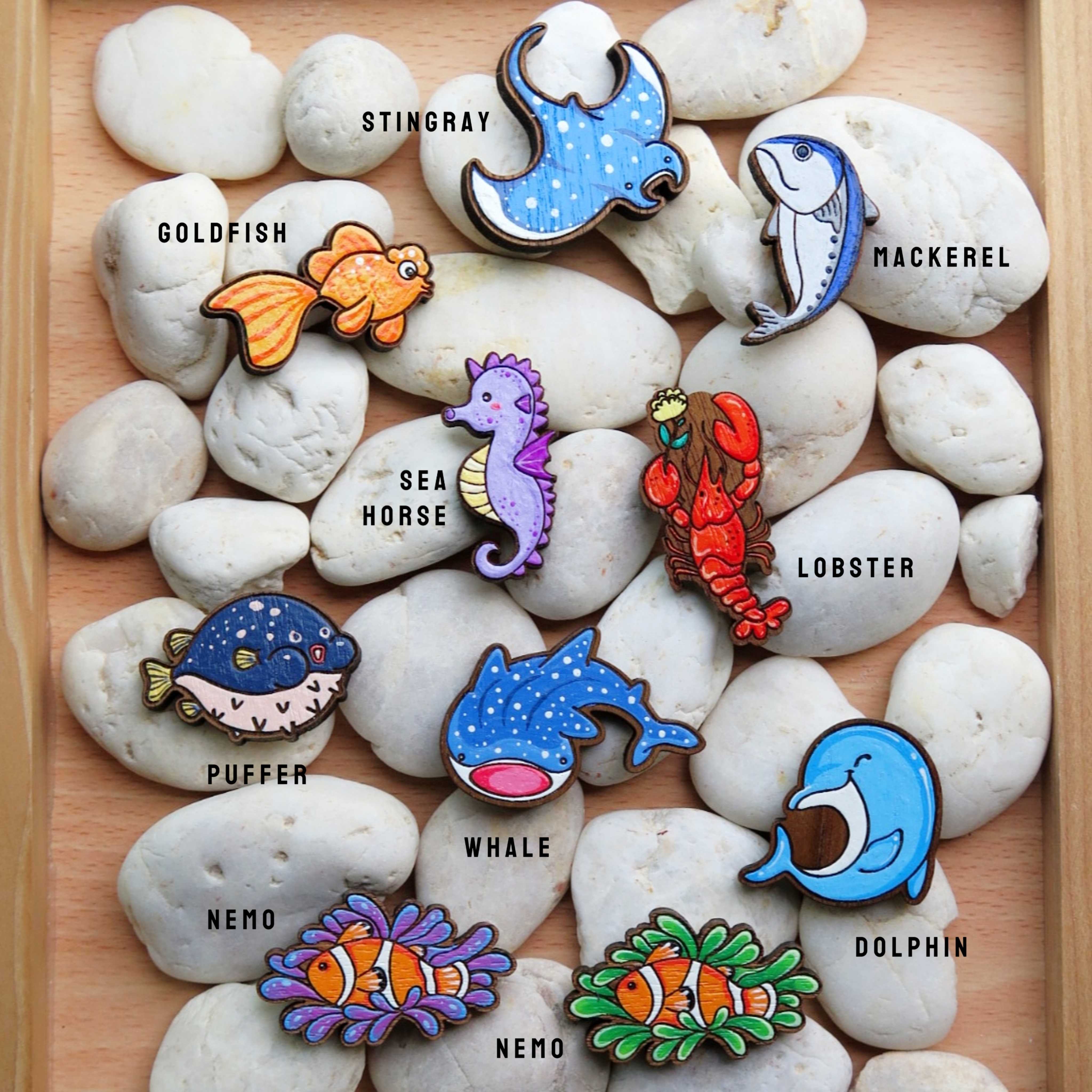 Wooden brooch Underwater animals collection 01