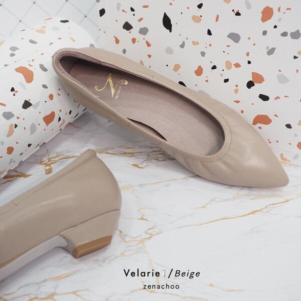 ทรงปกติ:เปลี่ยนไซส์ได้-ไม่รับคืน::Zenachoo รุ่นขายดี Velarie1 สูง 1นิ้ว สี Beige รองเท้าหัวแหลมหน...