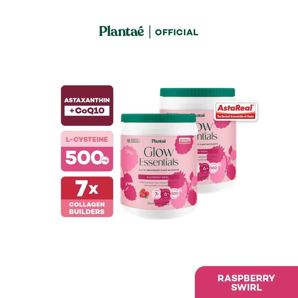 Plantae Glow Essentials : รส Raspberry Swirl 2 กระปุก ขนาด 600g โปรตีนพืช อาหารผิว Astaxanthin CoQ10