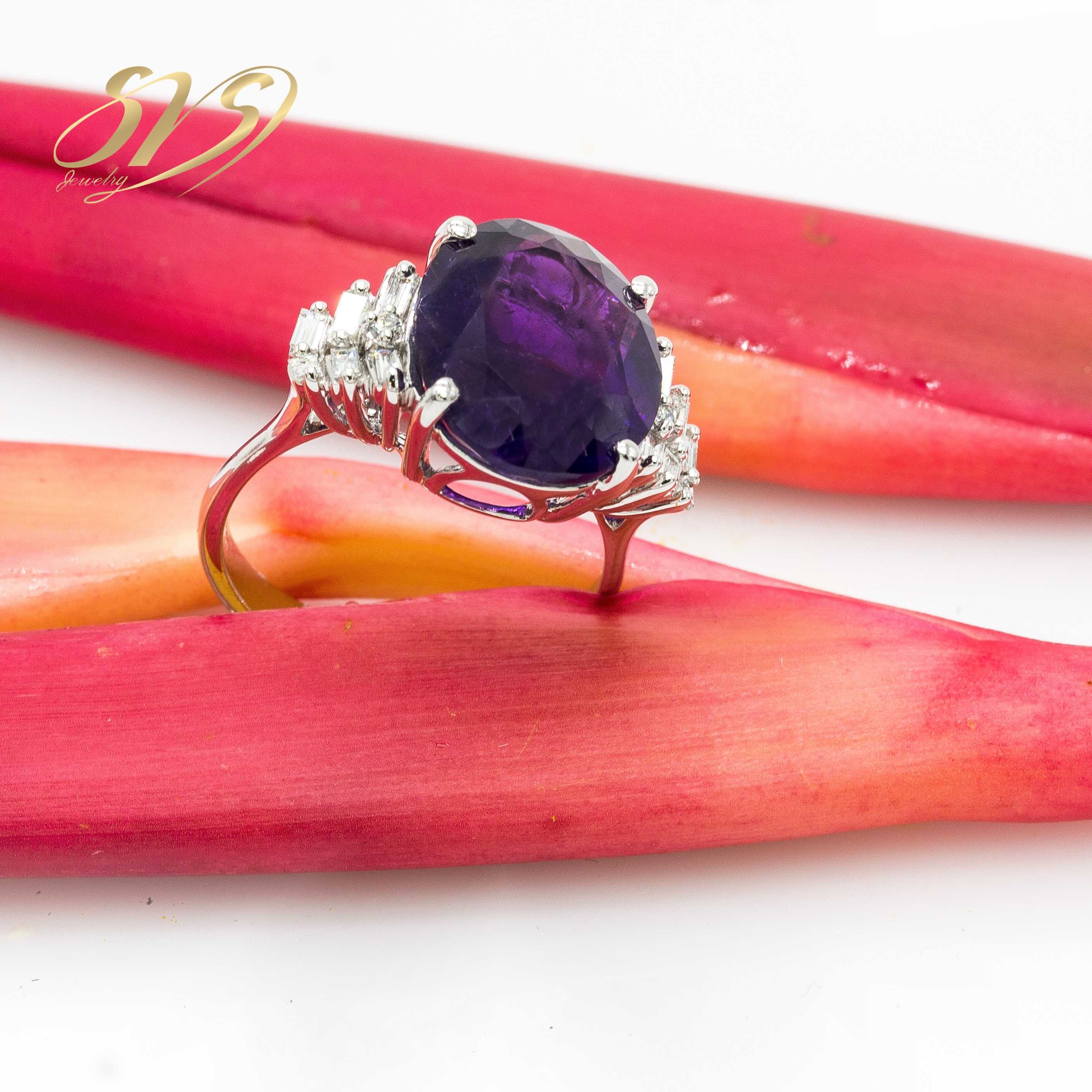 Amethyst with Natural Diamond White Gold Ring