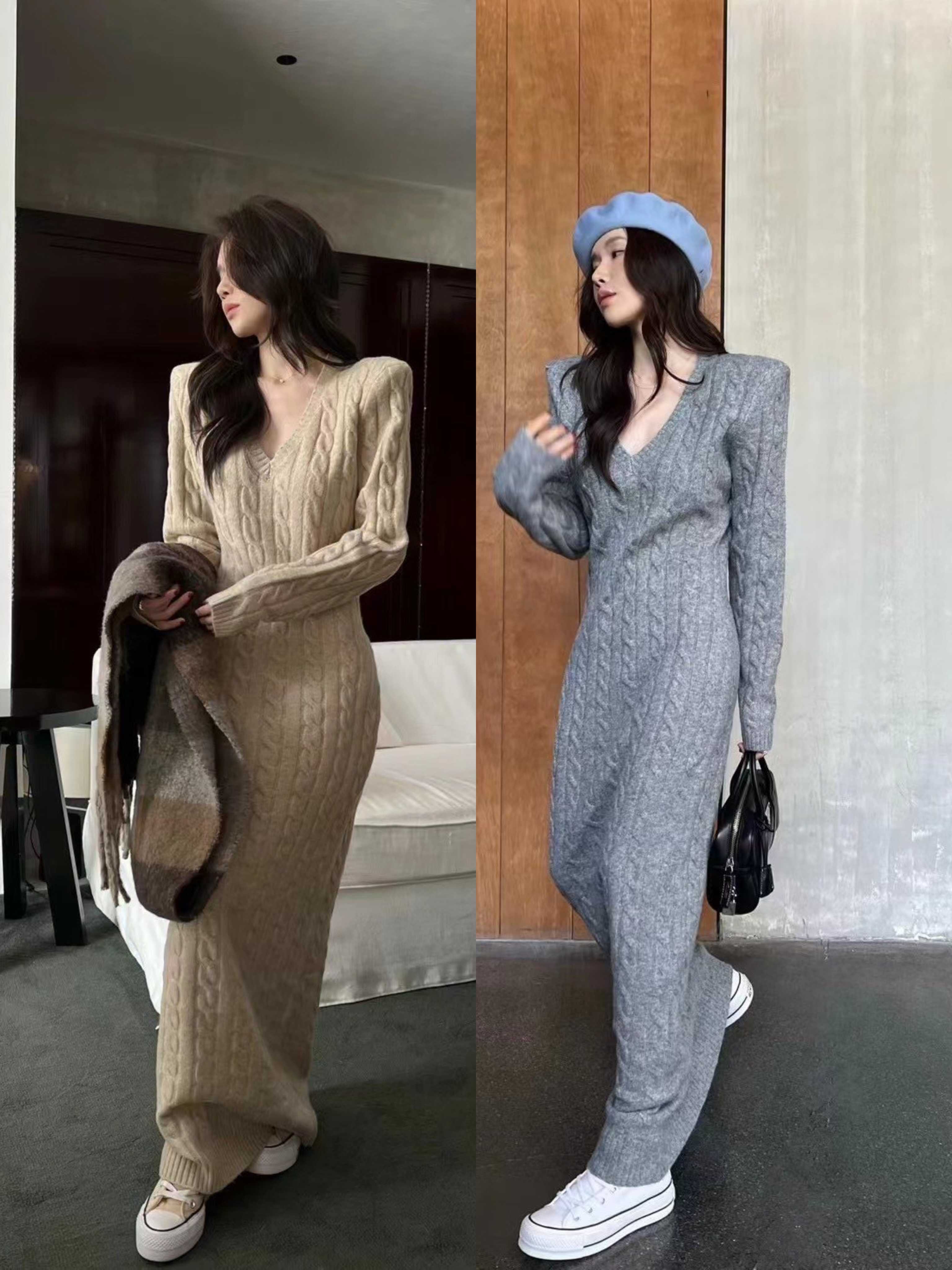 ( SALE ) KNITTED MAXI DRESS V NECK