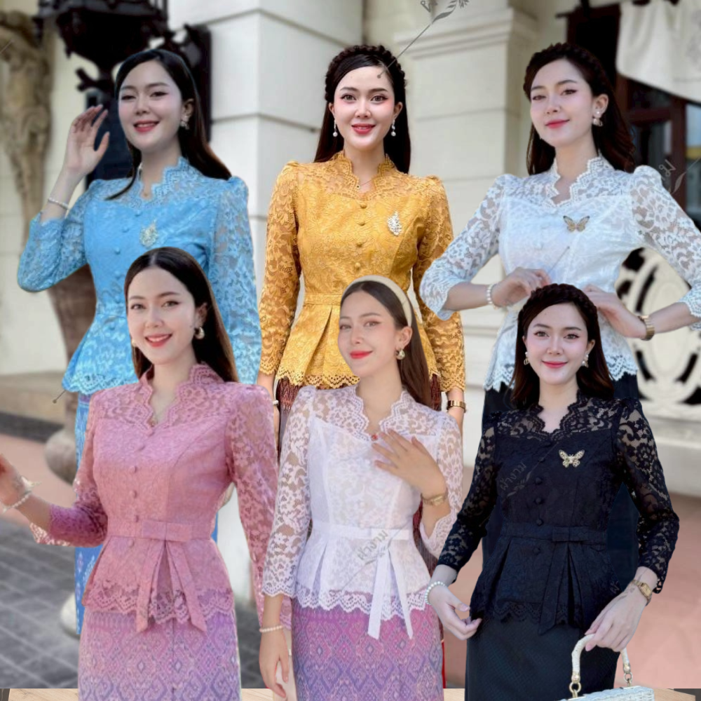 เสื้อลูกไม้ ใส่ไปวัด คอวี แขนยาว กระดุมหน้า ชายระบายอัดจีบ คาดเอว แต่งโบว์เอว 1 ข้าง งานพรางหุ่นสวย