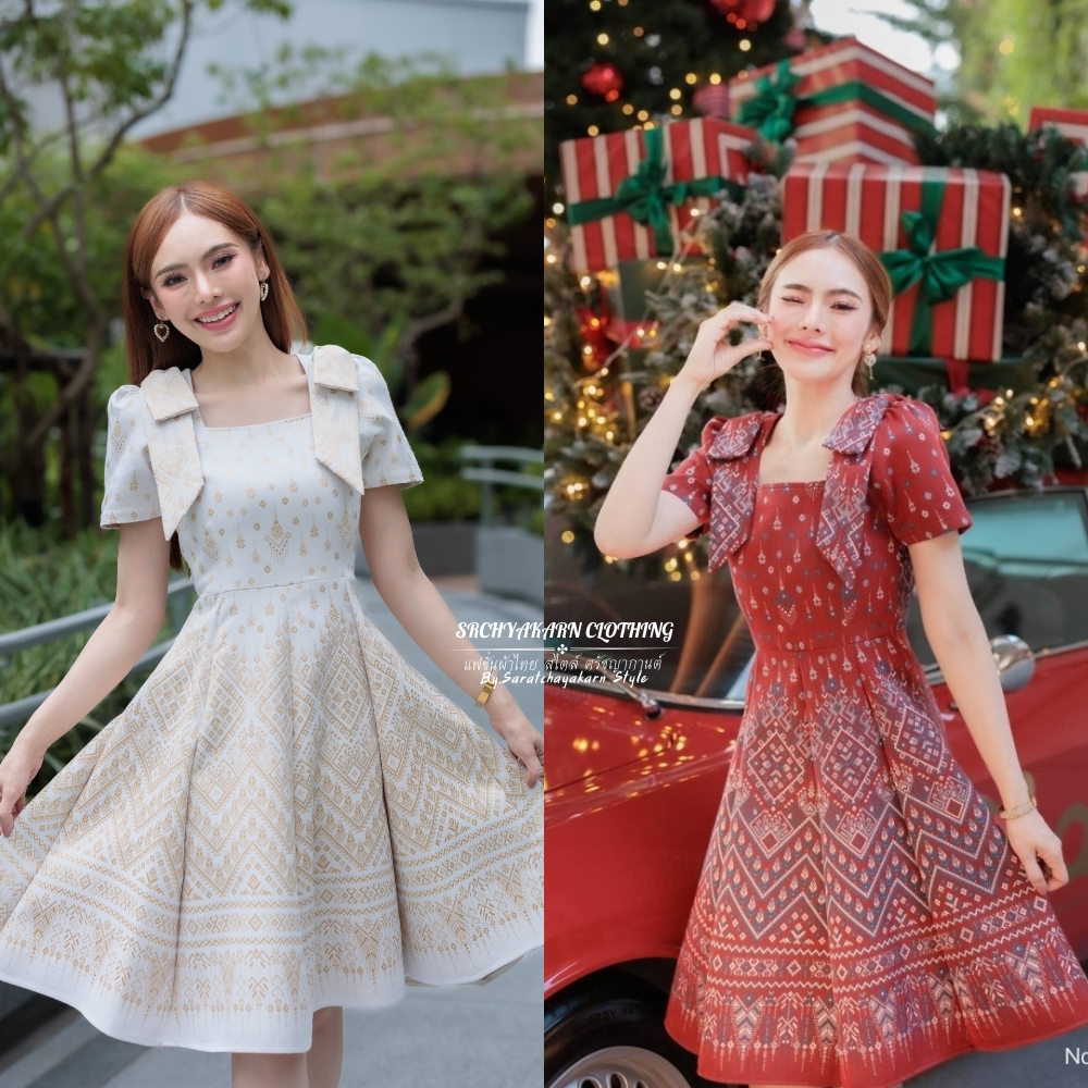 ชุดเดรสผ้าทอ ลายแพวาเทียนหยด คอเหลี่ยม แต่งโบวไหล่ 2 ข้าง  กระโปรงบานทรงย้วย ยาว 38 นิ้ว อัดกาว