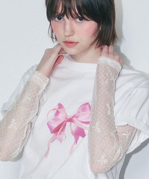 (พร้อมส่ง) Ronron double ribbon basic fit t-shirt white pink