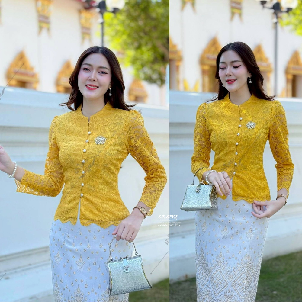 เสื้อลูกไม้อิตาลี่ แขนยาว คอไลลา กระดุมมุก ใส่กับผ้าถุงหรือกระโปรงก็สง่างามได้ทุกงาน