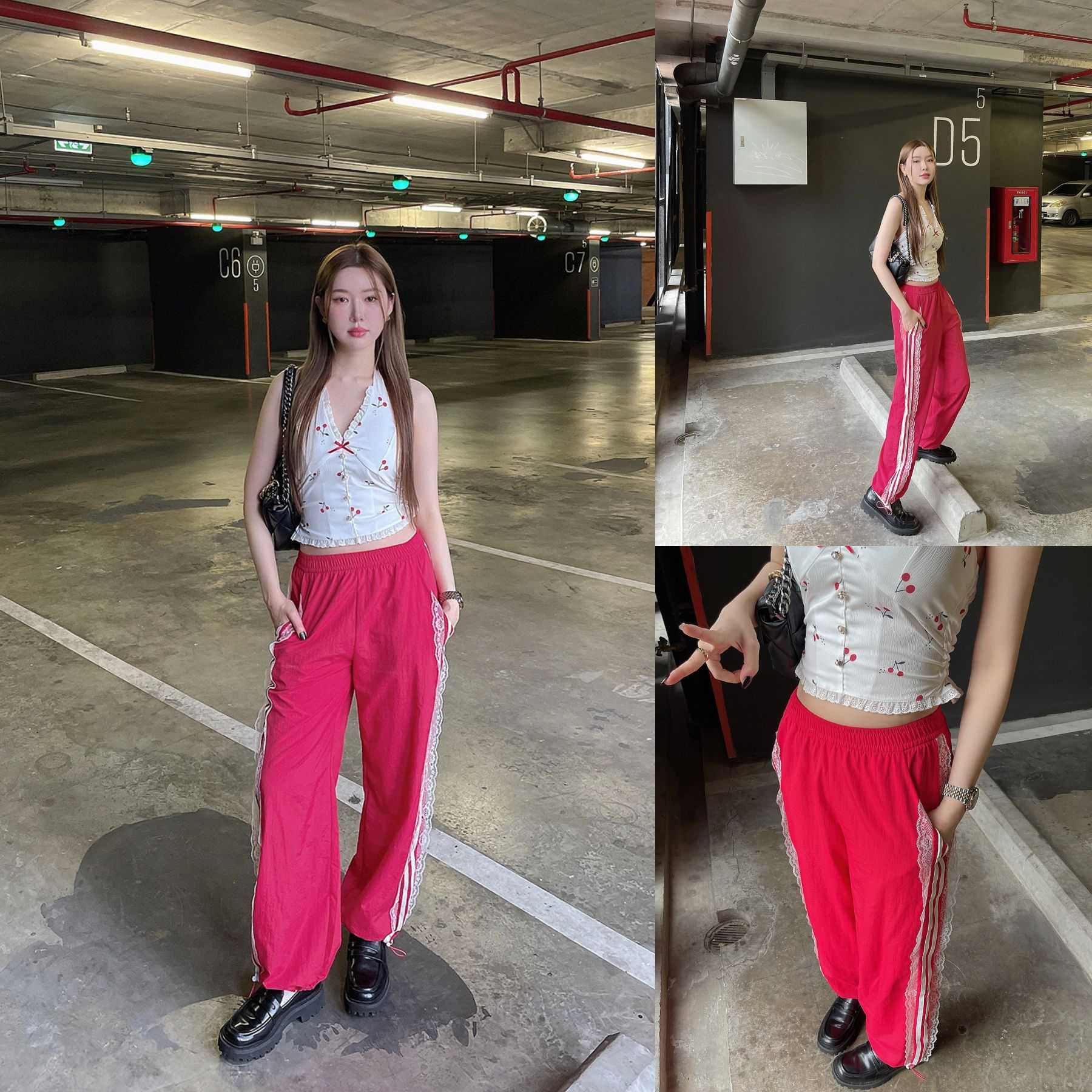 แดง/ดำ SLYQ LACE RIBBON TRACK PANTS กางเกงวอร์มผ้าร่ม แถบลูกไม้ข้างปลายขารูด