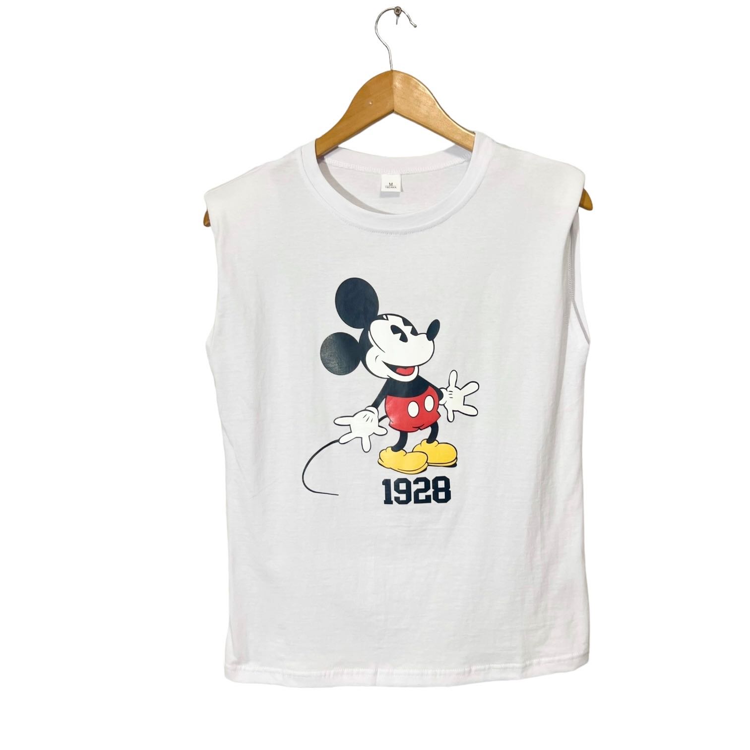 เสื้อยืดแขนกุด เสริมไหล่ สีขาว ลายมิกกี้