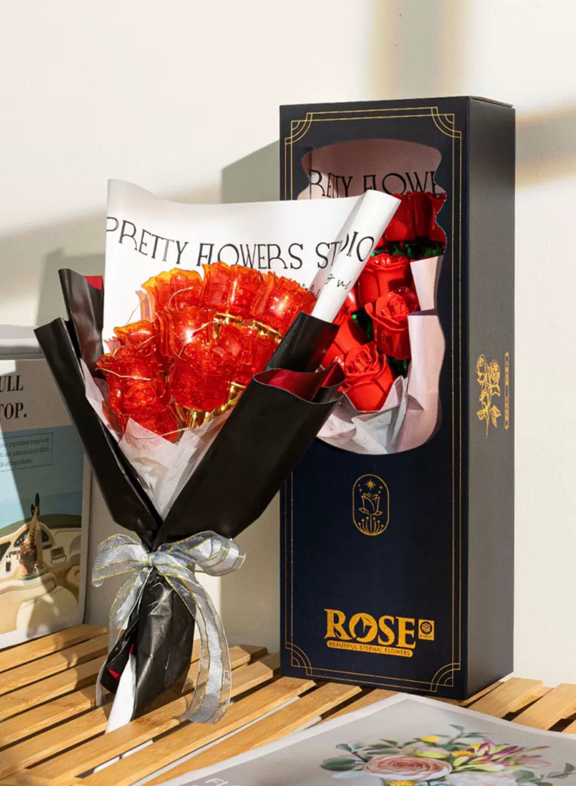 [Pre-order 10วัน] เซตเลโก้ดอกไม้ พร้อมช่อกระดาษ กุหลาบแดงกากเพชร 🌹 Glitter Rose