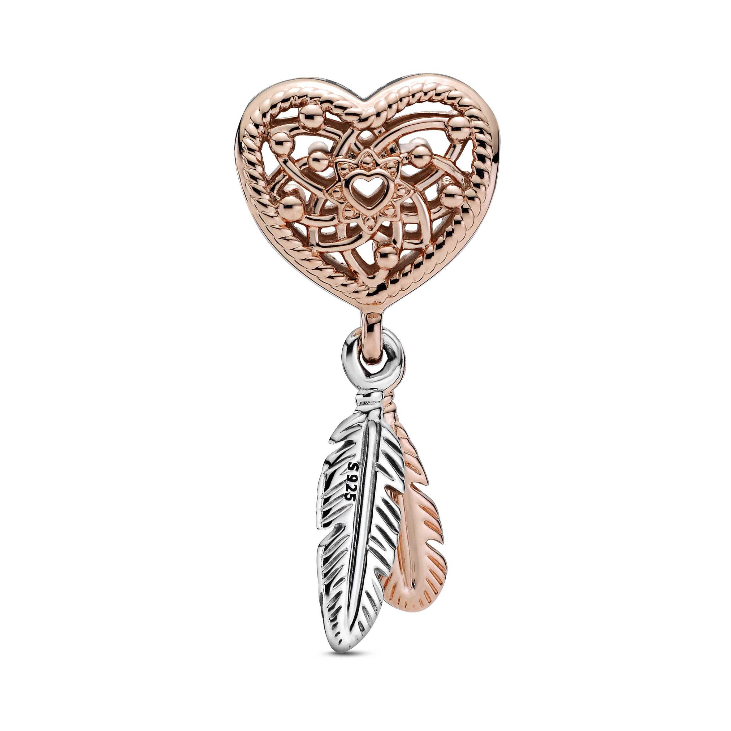 Openwork Heart & Two Feathers Dreamcatcher Charm