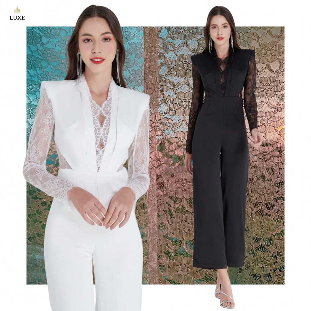1927Showroomจั๊มพ์สูทเสื้อคอวีแขนยาว กางเกงขายาวปลายขากว้าง ใช้ผ้าลูกไม้ซีทรูเนื้อนุ่มแต่งคอเสื้อ