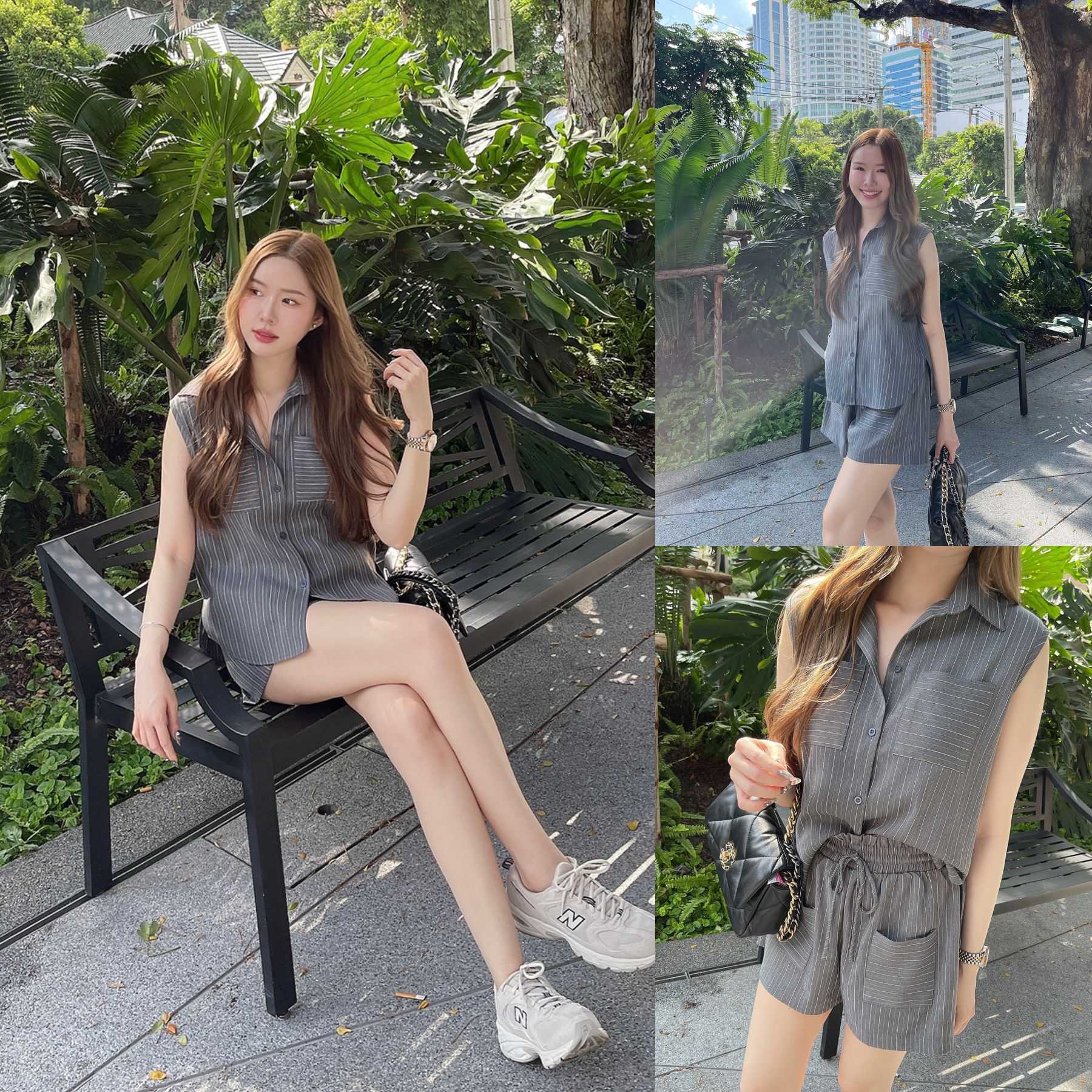 น้ำตาล/เทา SLYQ AFTER HOURS PINSTRIPE TOP & SHORTS SET เซ็ตเสื้อแขนกุดกับกางเกงขาสั้น