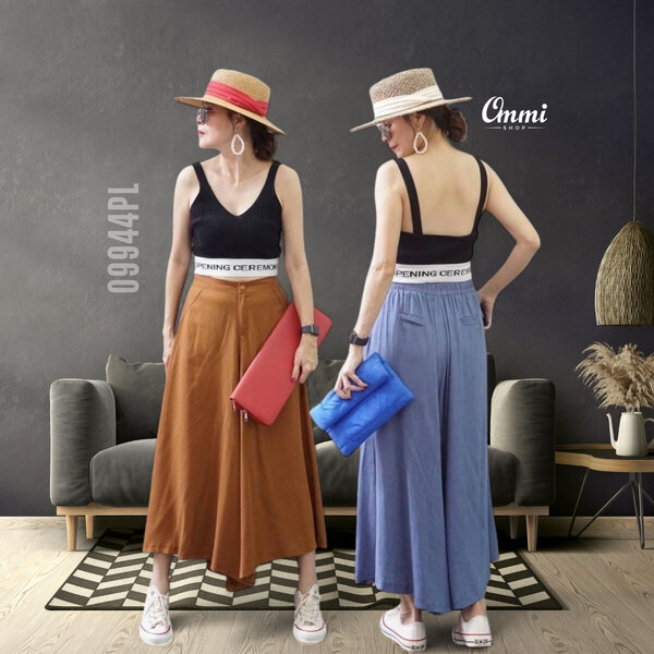 Ommishop 09944PL กางเกงแฟชั่น ผ้าลินิน ทรงขาบาน มีซิปและกระดุมด้านหน้า มียางยืดด้านหลัง (PUP)[09944]