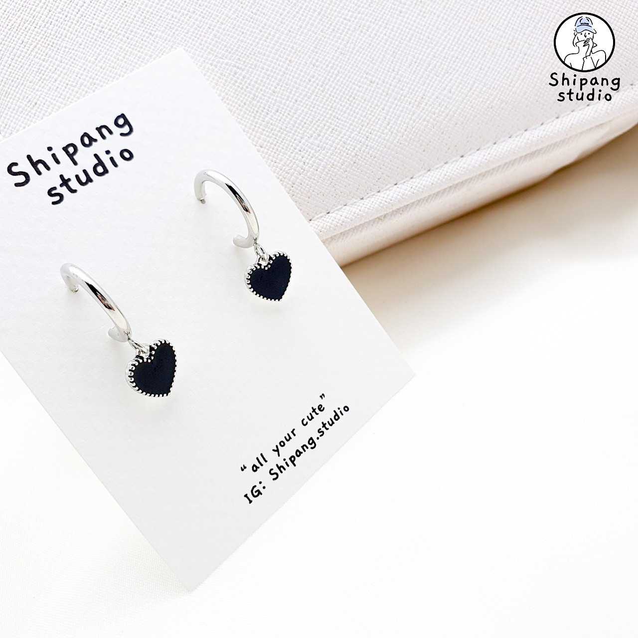 ต่างหูเกาหลี ต่างหูแฟชั่น ต่างหูก้านเงินแท้ S925 ห่วง Black heart