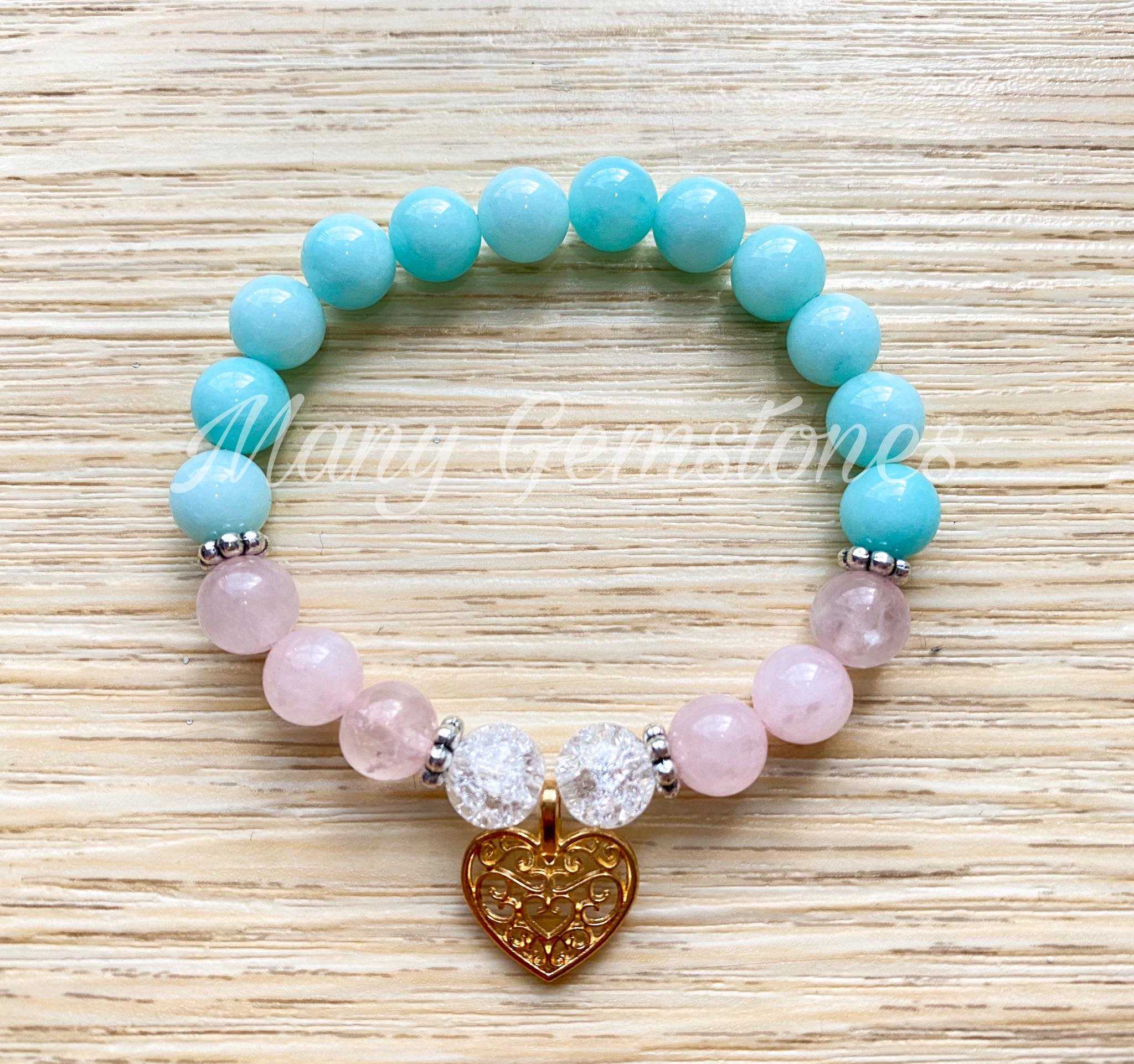 กำไลหินมงคล สร้อยข้อมือหินมงคล  Amazonite + Rose Quartz + Ice Crystal