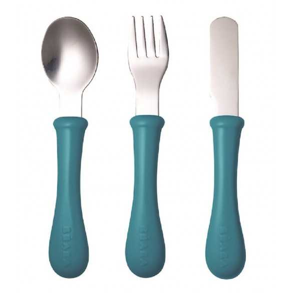 BEABA ช้อนส้อมมีด Stainless steel training cutlery Knife / Fork / Spoon - BLUE