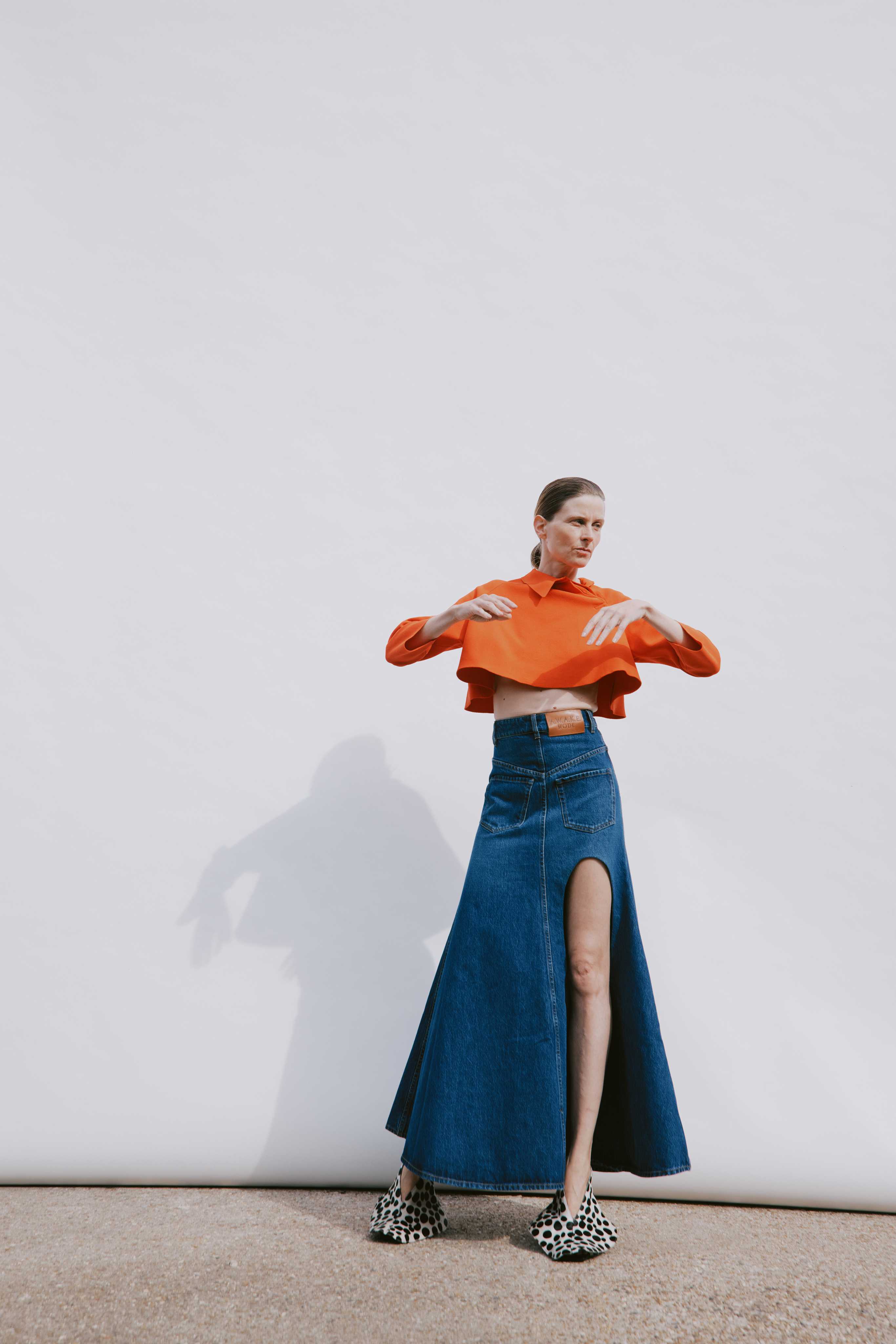 A.W.A.K.E. Flared Back to Front Skirt Ankle Length with Cut Out - Classic Blue Wash