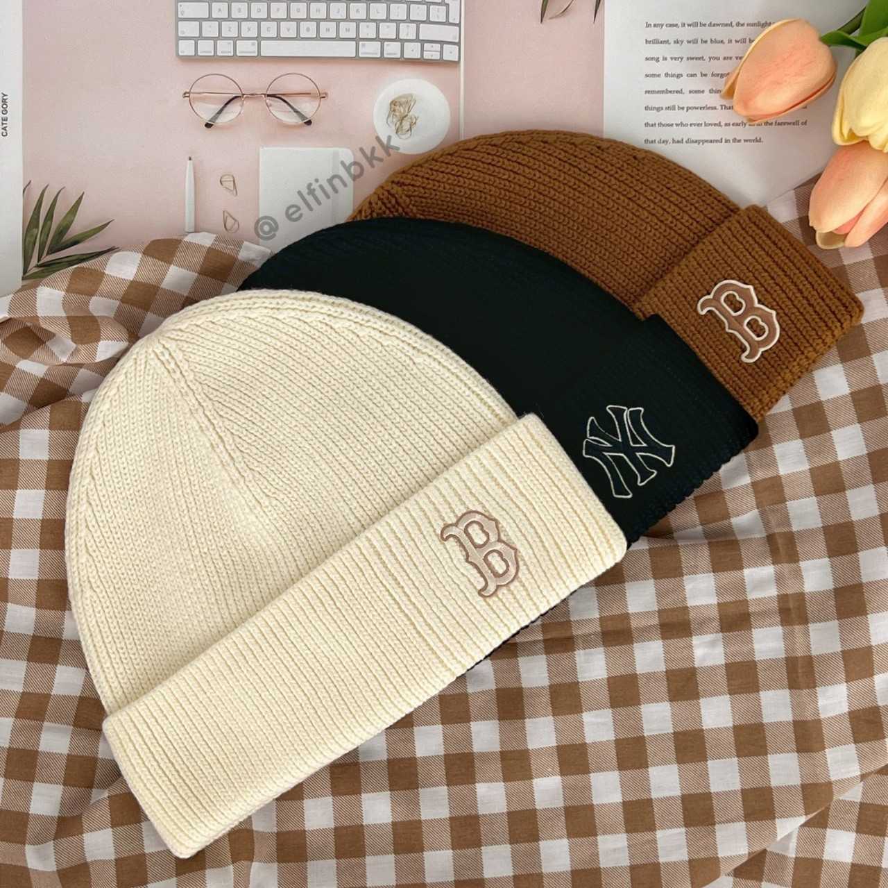 💥รุ่นใหม่💥 MLB Beanie  หมวกบีนนี่ หมวกไหมพรม สีดำ NY สีครีม B สีน้ำตาล B