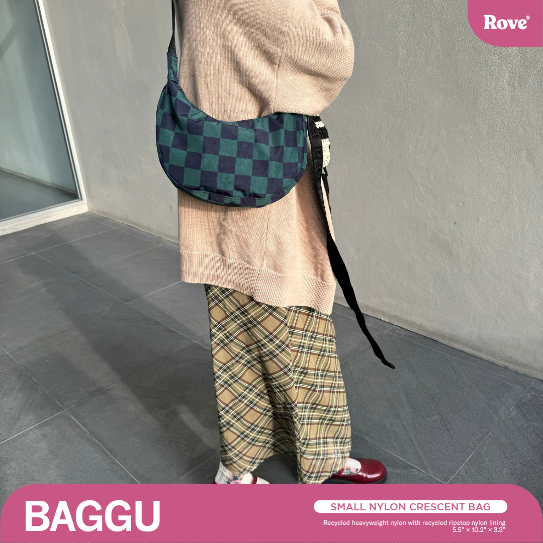 BAGGU Small Nylon Crescent Bag - Navy Green Check