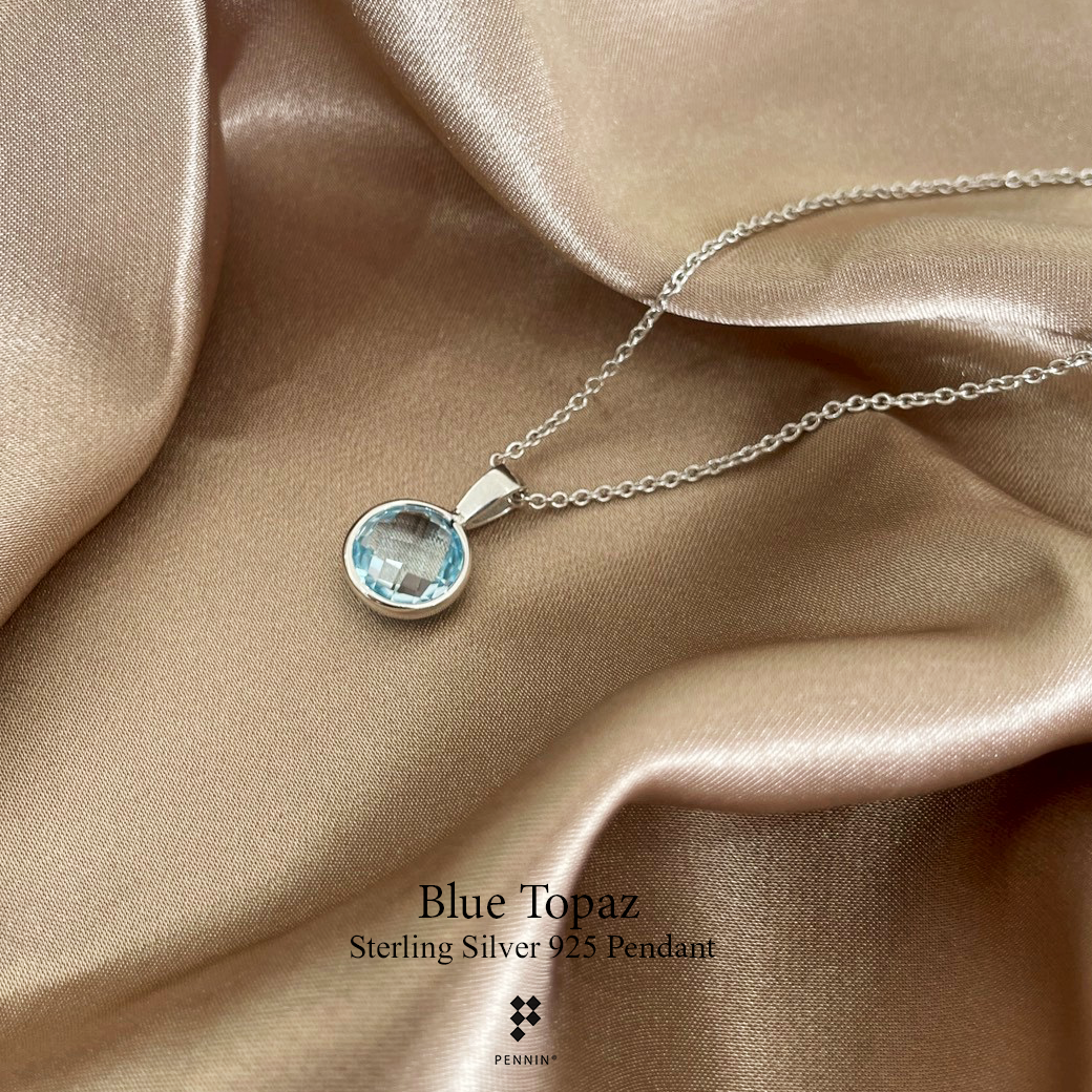 P17011 จี้โทแพซสีฟ้า (Blue Topaz) กลมหลังเบี้ย เจียระไนเหลี่ยมตาข่ายพิเศษสองด้าน